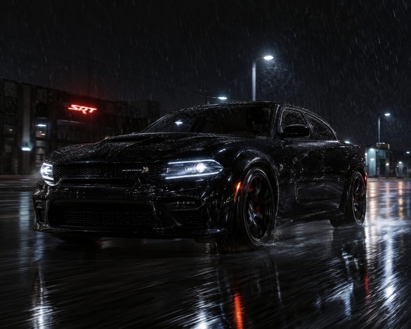 Black Dodge Charger Scat Pack parked on a wet city street at night